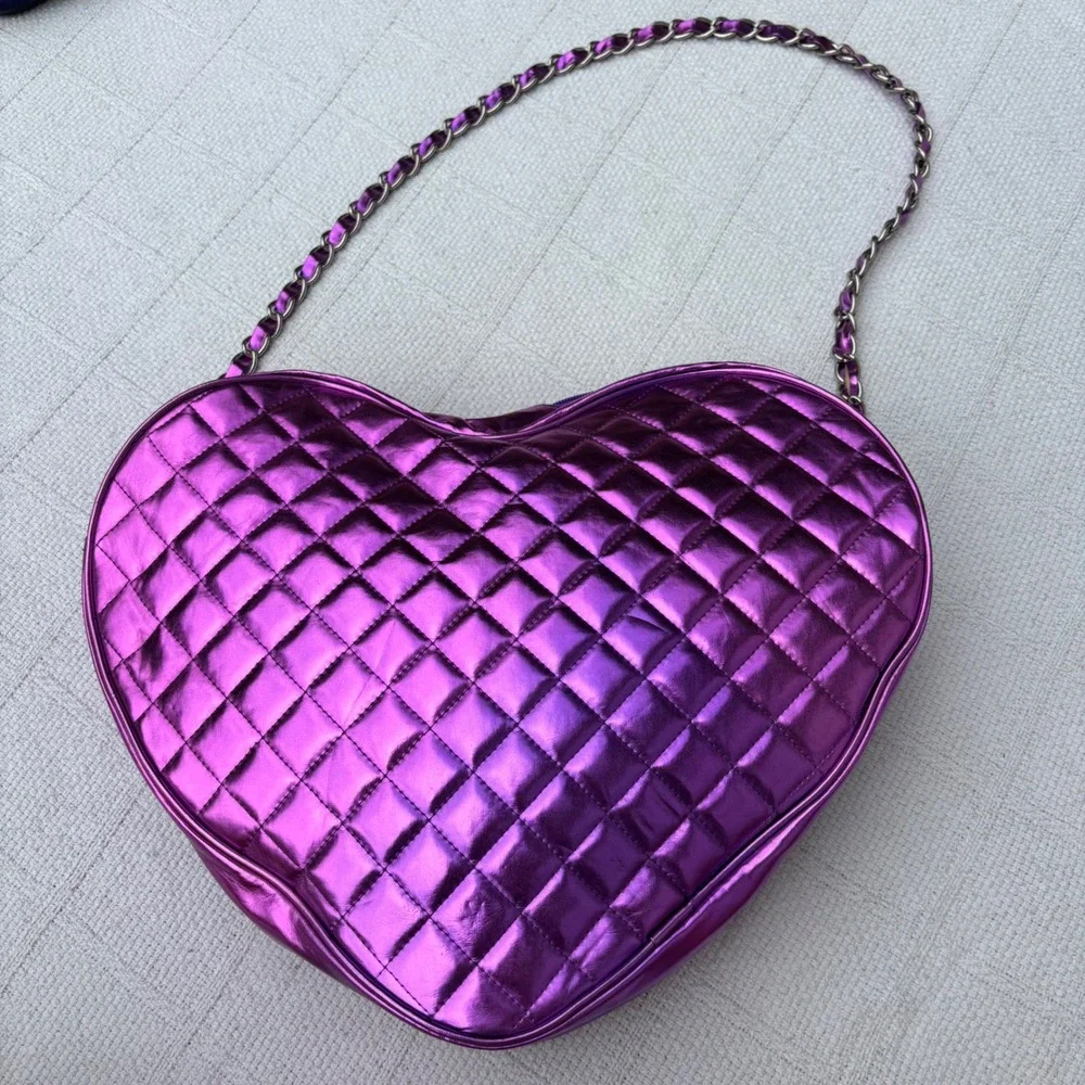 Y2K JUSTIN BIEBER Someday Purple Quilted Large Heart Shape Chain Strap Purse